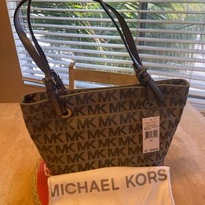 Michael Kors Black/Gray Monogram Tote Bag with Gold Hardware